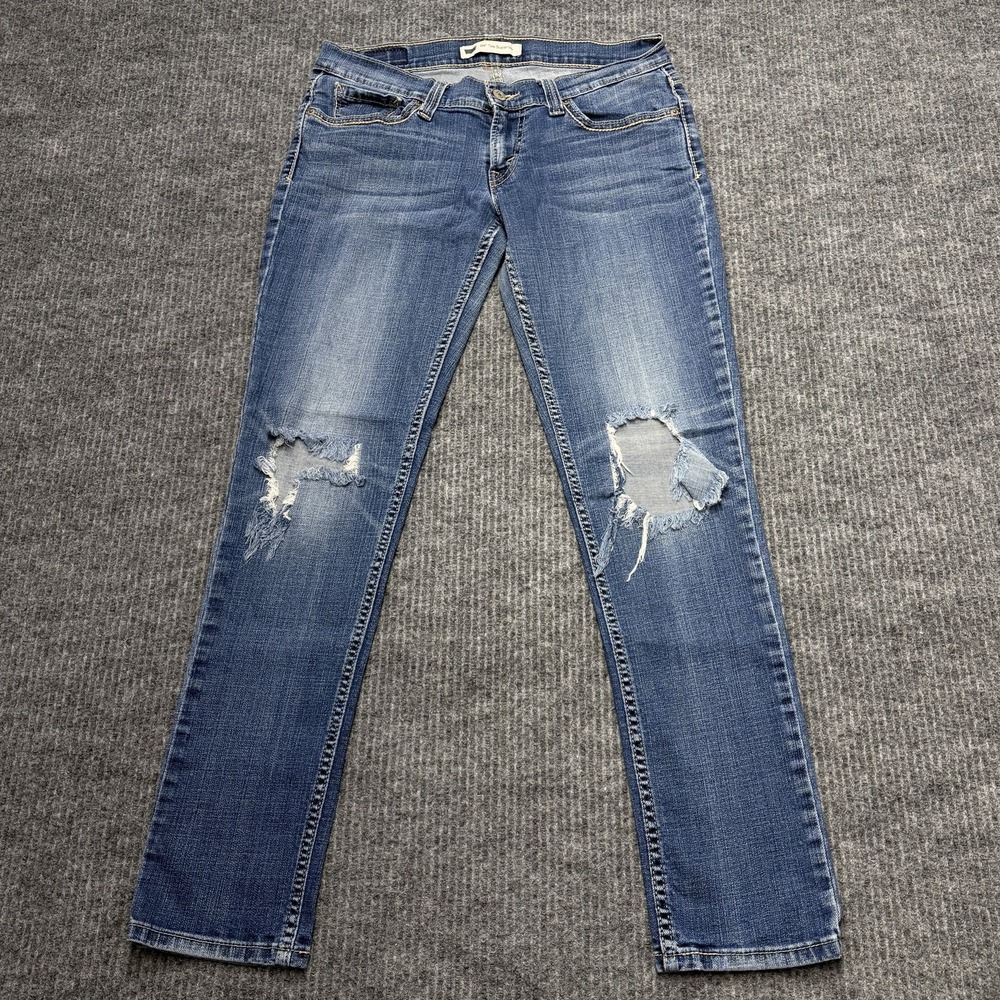 Levis 524 Too Superlow Jeans Womens 28X32 Blue Medium Wash Low Rise Distressed